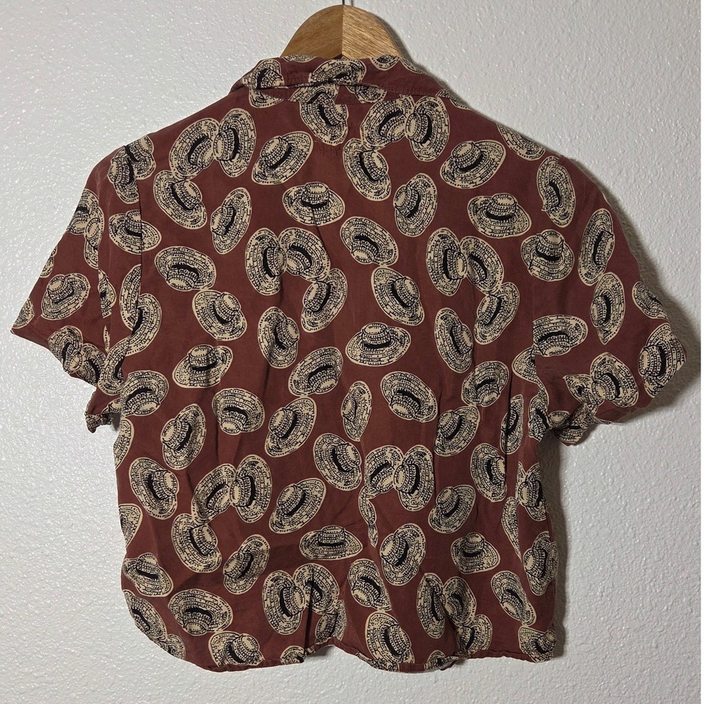 Marine Layer Lyocell Coastal Chic Camp Collar Crop Button Up Straw Hat Print S - Picture 3 of 6